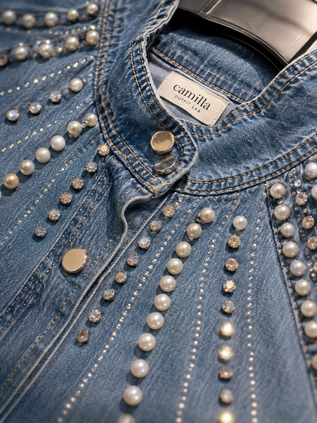 Camicia in Denim con Perle e Strass