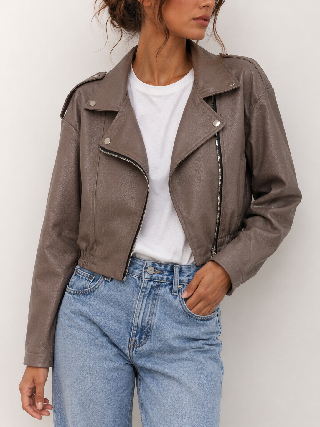 Giubbino Cropped Ecopelle Taupe
